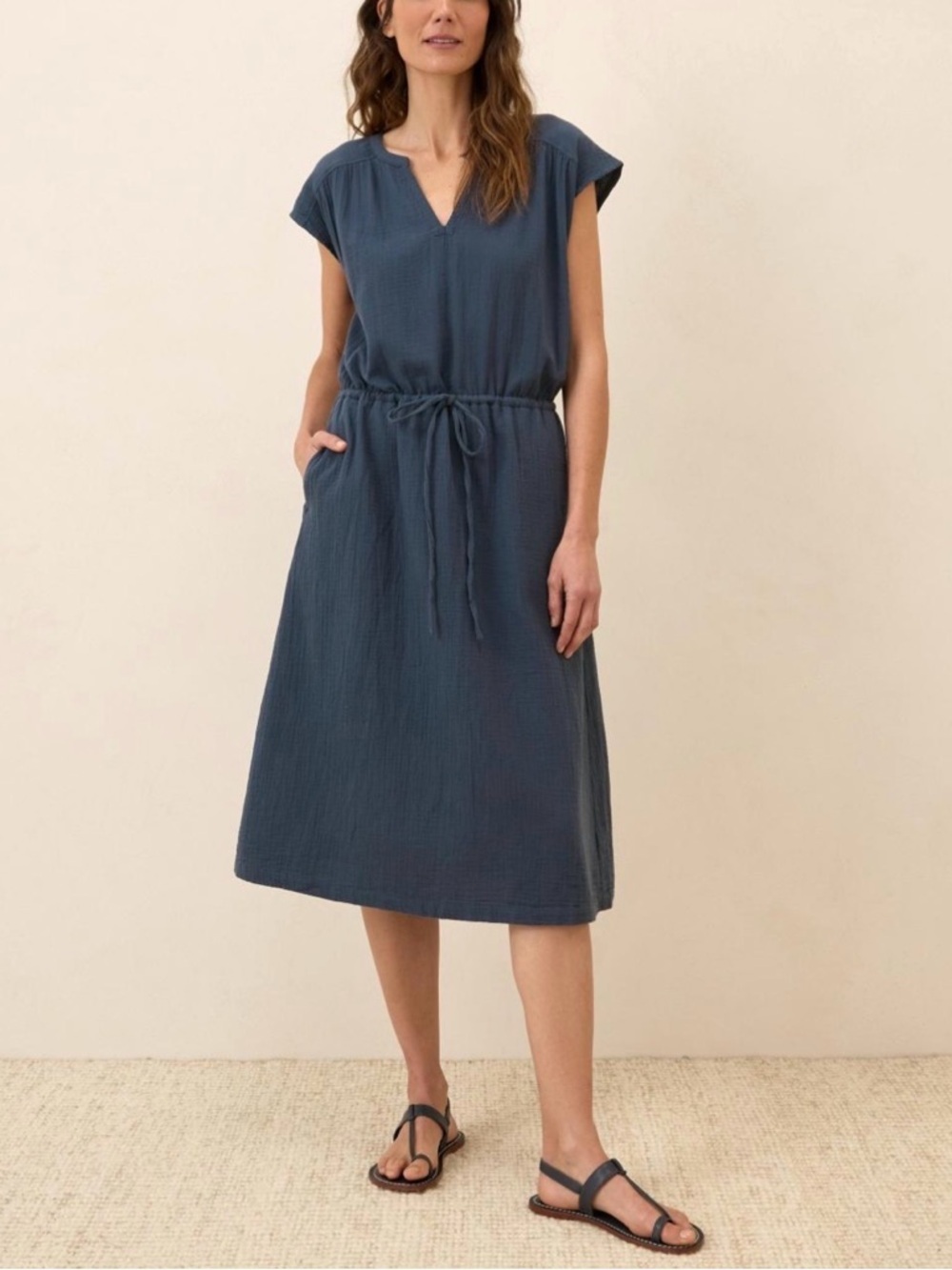 Pact Organic Cotton Coastal Double Gauze Tie Waist Midi Dress Gray/Blue XS